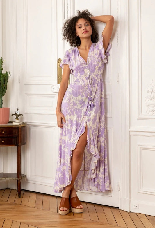 Printed tunic dress embroidered with shells with pompoms