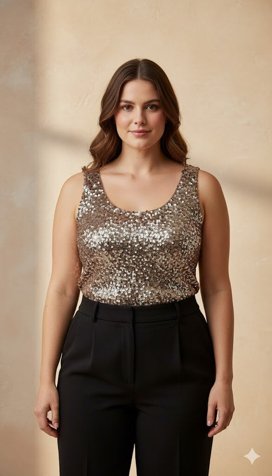 Amy&Clo PLUS SIZE - Two-Tone Sequin Top Chocolate TU