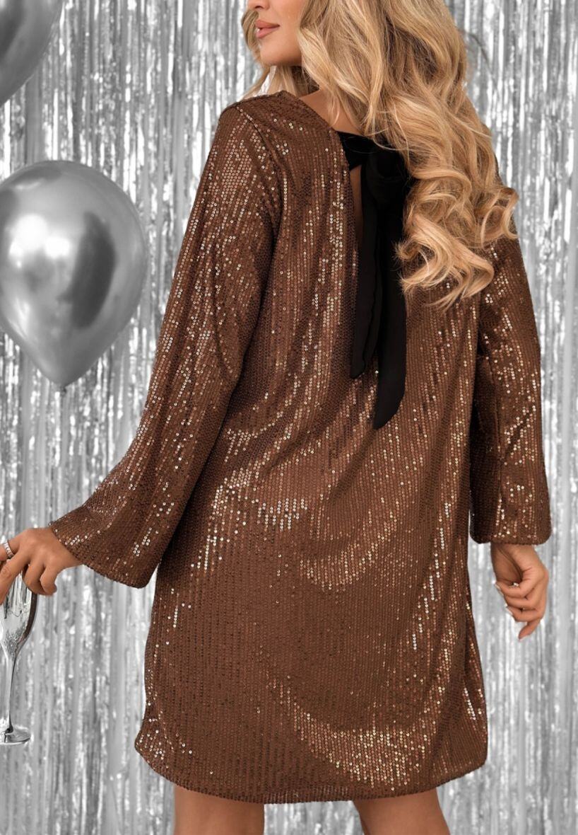 JOLIFLY Short sequin dress with bow at the back – Glamour & elegance Chocolate XXL