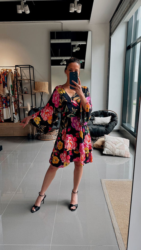 FENOMEN Cotton flowery short dress - V neckline Black S