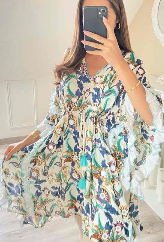 Goldendays Short patterned dress with loose sleeves Blue S/M