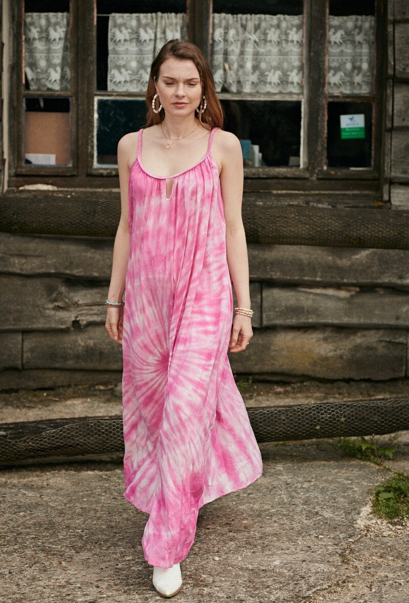 LAST QUEEN OUTLET Flowing tie-dye flared dress with straps, invisible pockets Fuchsia TU
