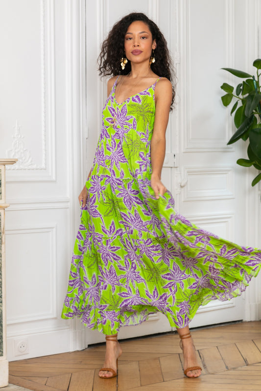 Last Queen Tropical printed dress with straps, Green Flash S