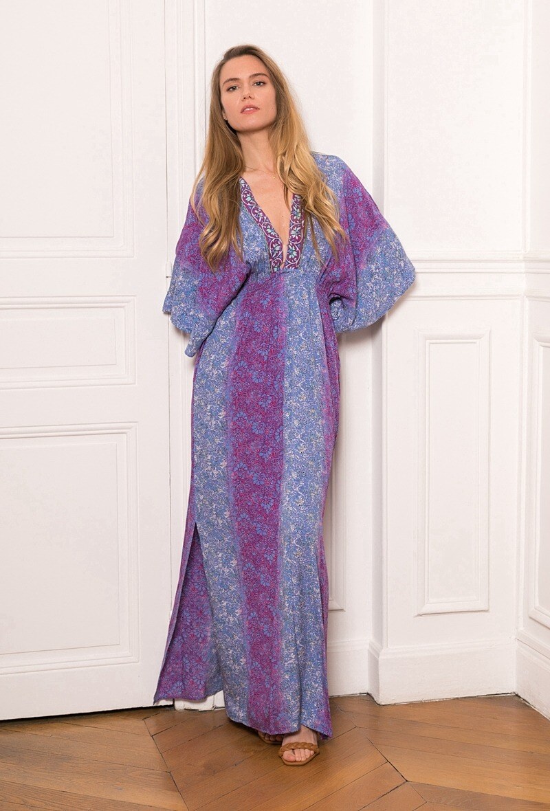 LAST QUEEN OUTLET Long dress with bohemian print V-neck Lilac S/M