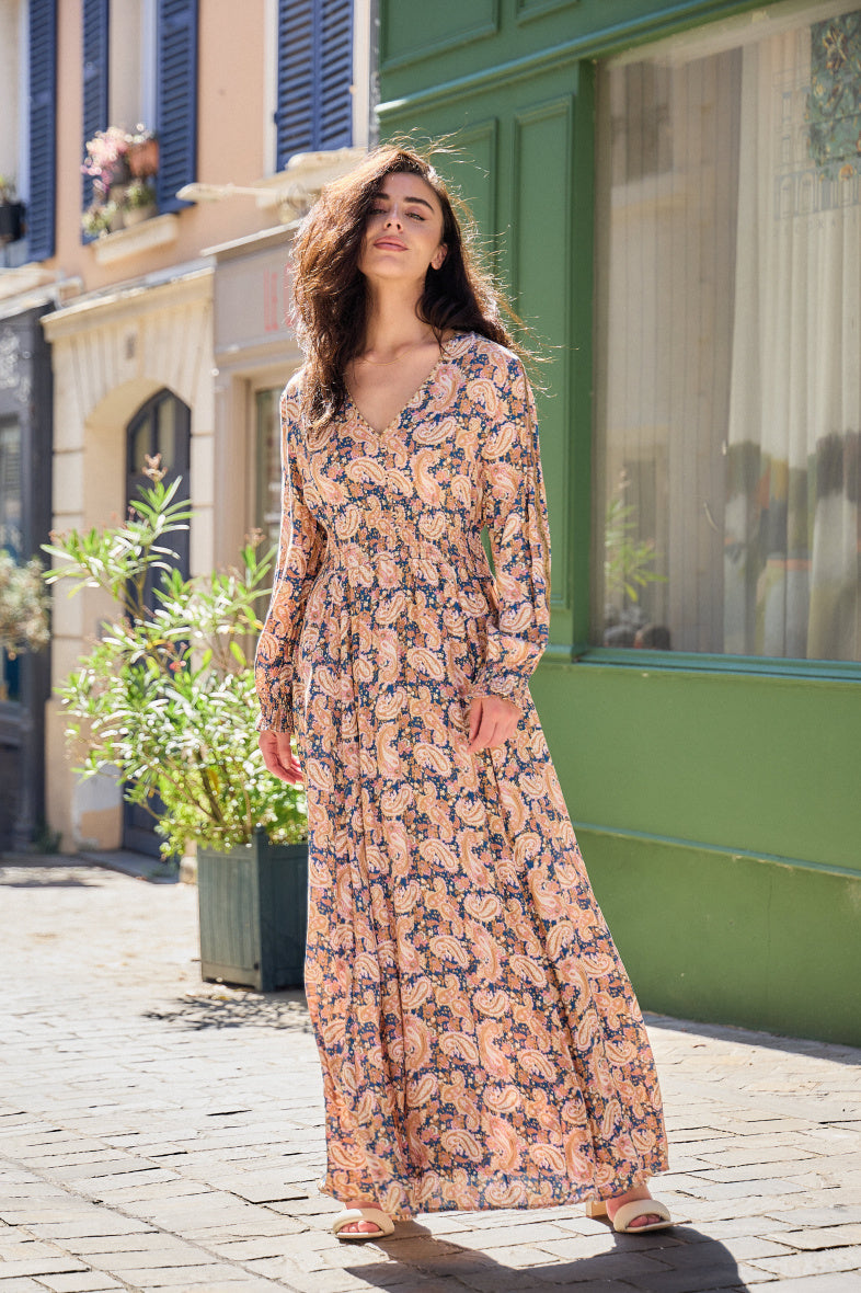 LAST QUEEN OUTLET Long dress with bohemian print buttoned invisible pockets with gold effect Blue S/M