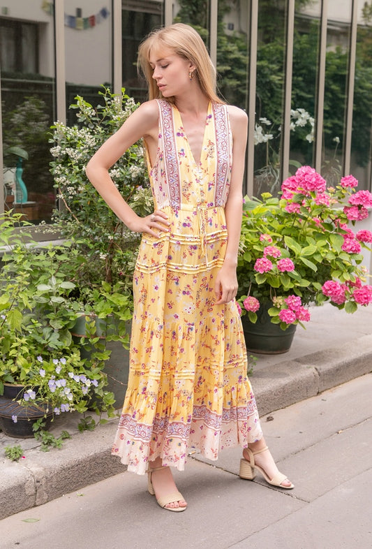 LAST QUEEN OUTLET Long floral print dress buttoned at the front and V-neck. Blazing Yellow S/M