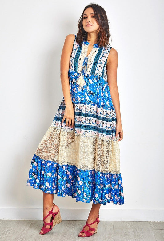 LAST QUEEN OUTLET Long dress in bohemian print with pompoms and lace Royal Blue S/M