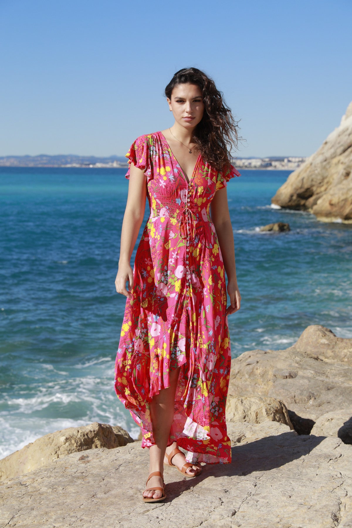 LAST QUEEN OUTLET Long fitted wrap-around dress with gold print, ruffle detail Pink Flash S