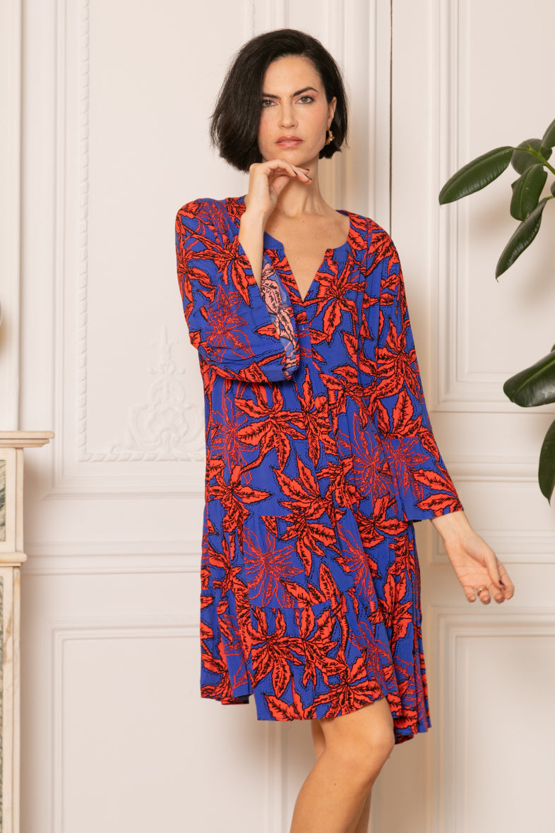 LAST QUEEN OUTLET Tunic shirt dress with V-neck, bohemian print Royal Blue S