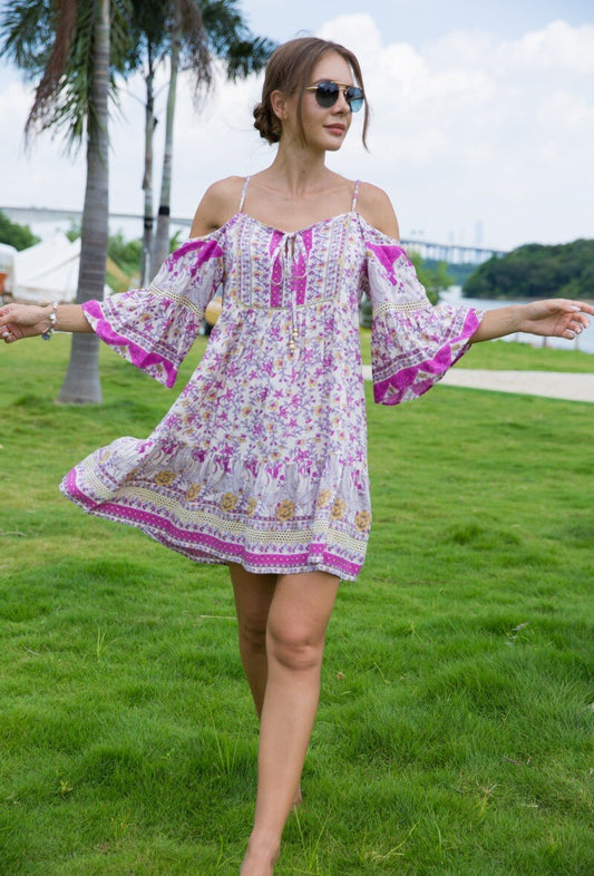 LAST QUEEN OUTLET Tunic dress with thin straps bohemian print Pink S/M