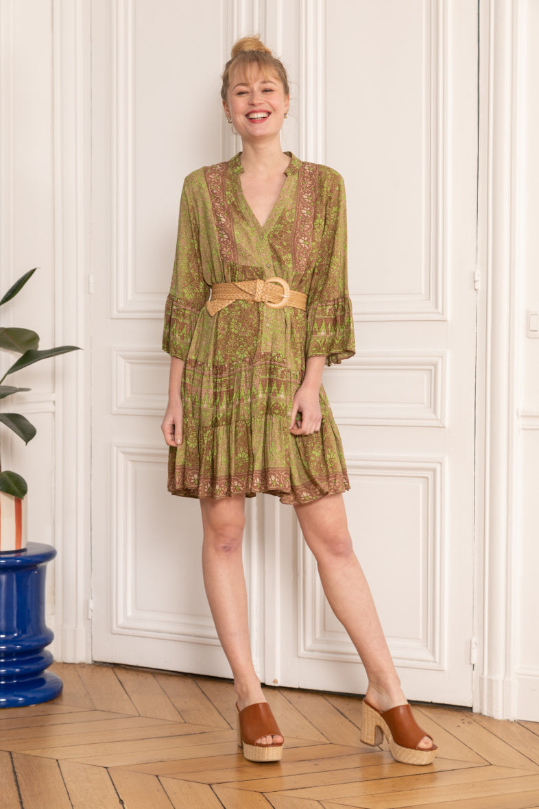 Last Queen Bohemian print tunic dress, flared cut with gathers Light Green S