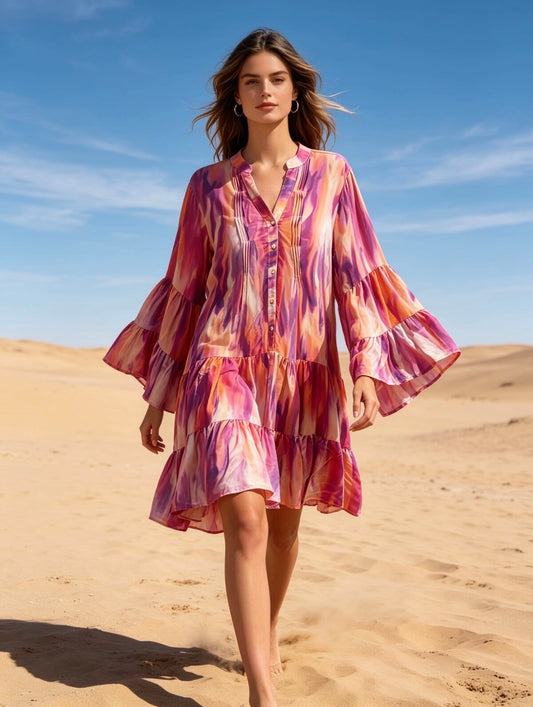 Last Queen Printed tunic dress, V-neck, flared cut Pink Flash S