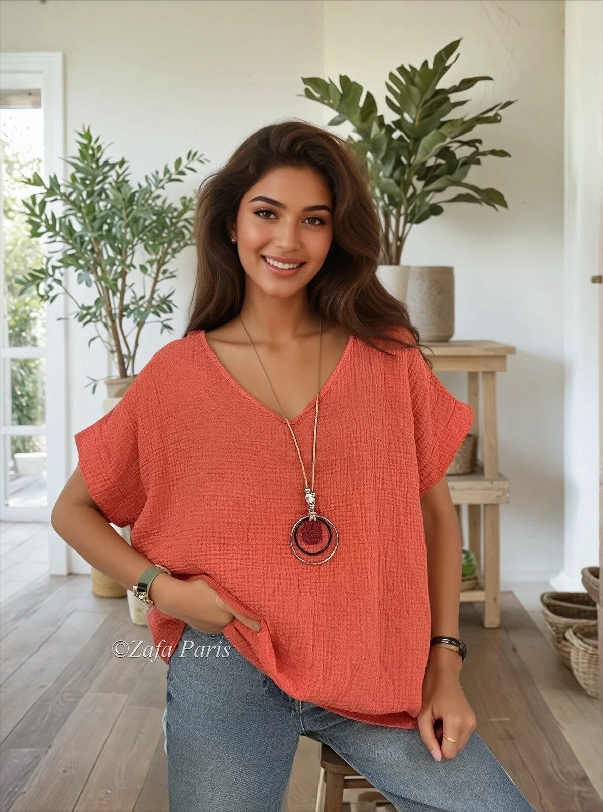 Zafa Cotton gauze T-shirt Coral TU