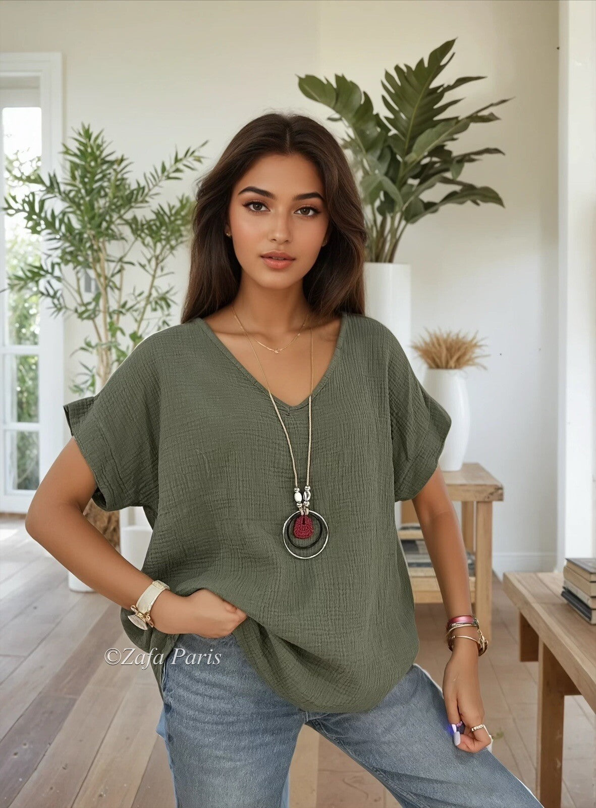 Zafa Cotton gauze T-shirt Kaki TU