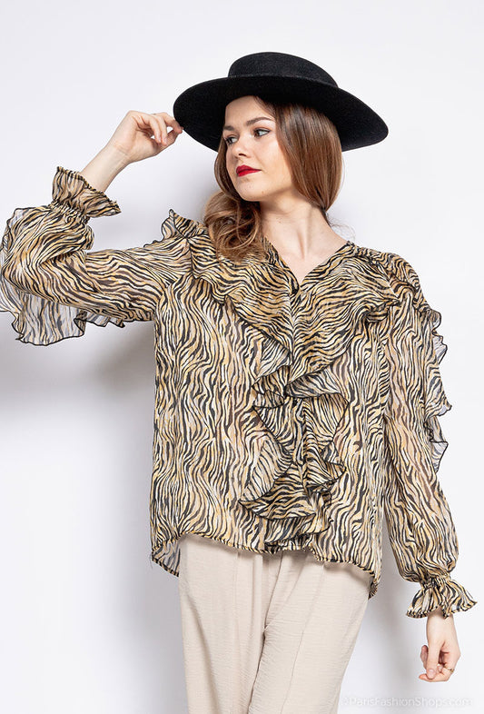 LAST QUEEN OUTLET Bohemian print button-down shirt top with ruffles and V-neck Beige S/M