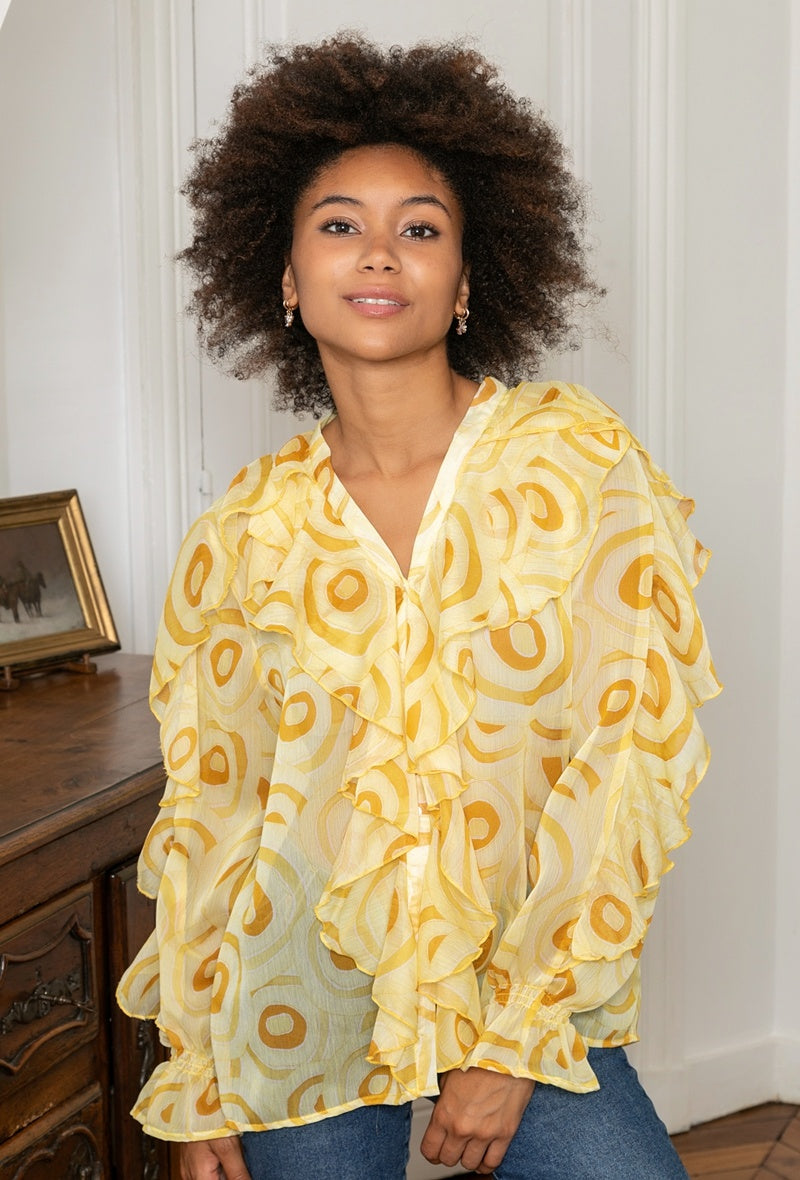LAST QUEEN OUTLET Bohemian print button-down shirt top with ruffles and V-neck Yellow S/M