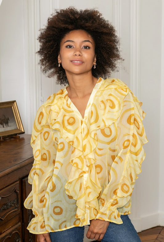 LAST QUEEN OUTLET Bohemian print button-down shirt top with ruffles and V-neck Yellow S/M