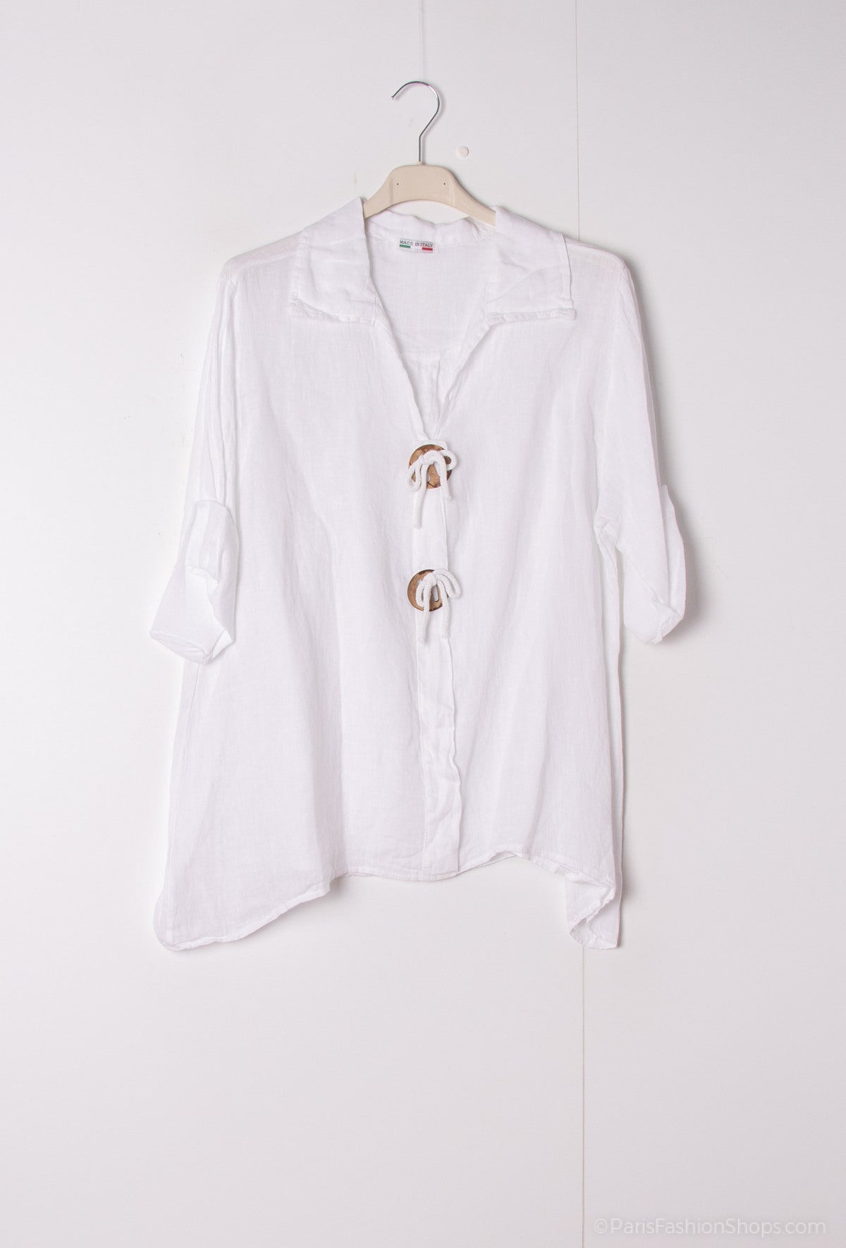 Happy Look Linen Top with Large Wooden Buttons White TU