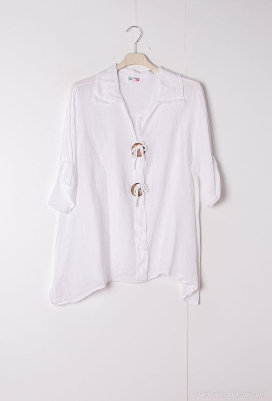 Happy Look Linen Top with Large Wooden Buttons White TU