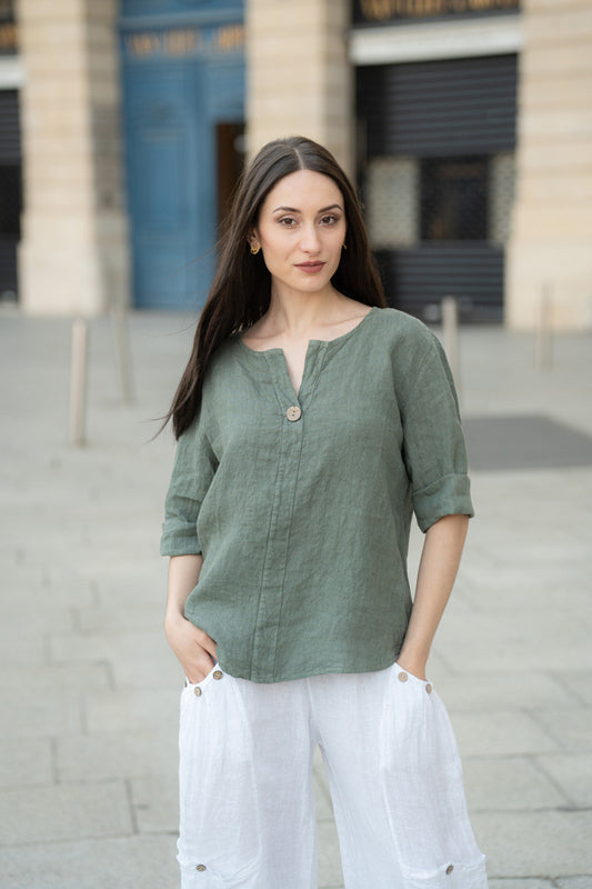 Happy Look Linen Top - Short Sleeves, V-Neck & Button Details Kaki TU