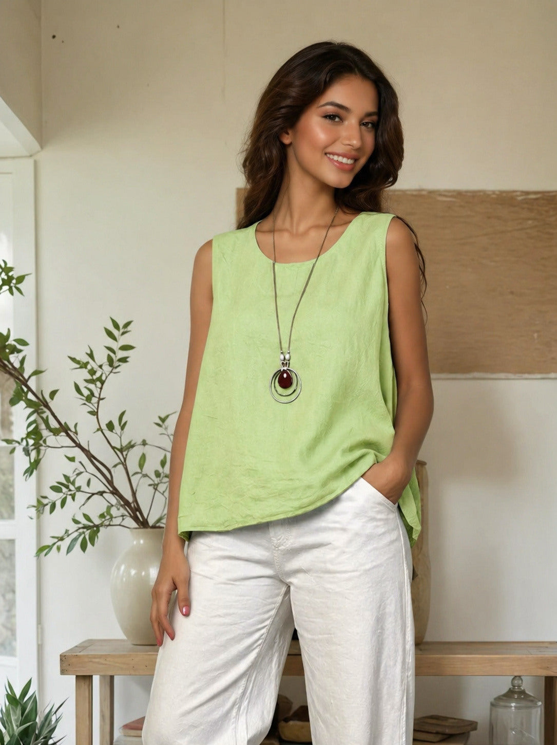 Zafa Flowy viscose top with a fully buttoned back Lime Green TU