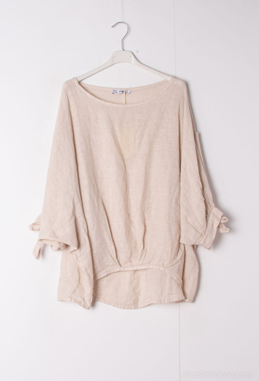Happy Look Top oversize in linen with knot on the sleeves Beige TU