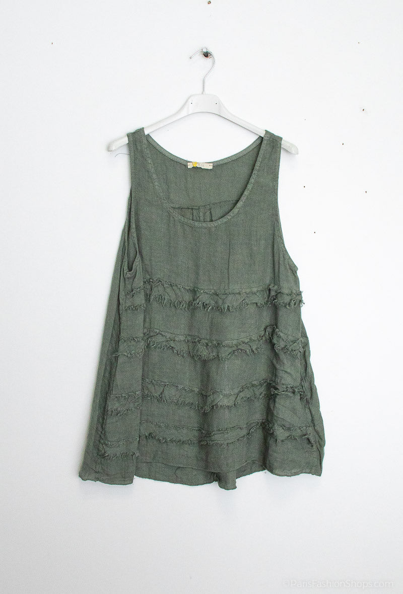 Happy Look Sleeveless Linen Top with Fringes - Casual and Authentic Style Kaki TU