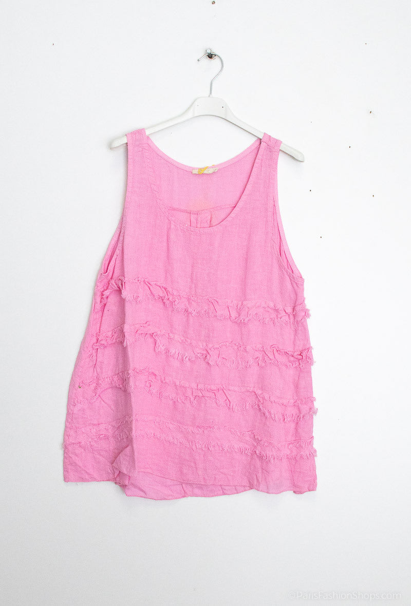 Happy Look Sleeveless Linen Top with Fringes - Casual and Authentic Style Pink TU